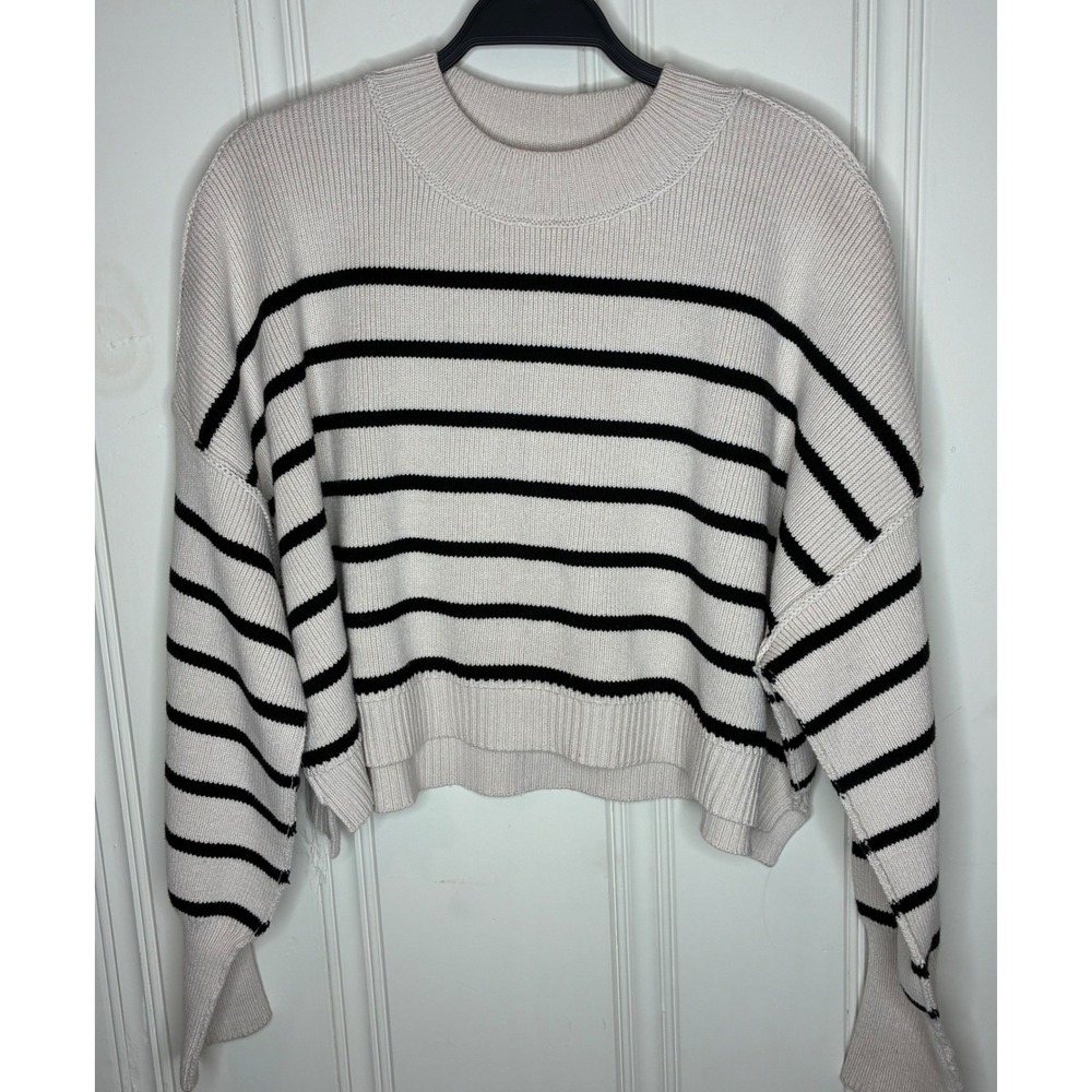 Free People Striped Cropped Sweater Cream Black Crew Neck Knit Women M